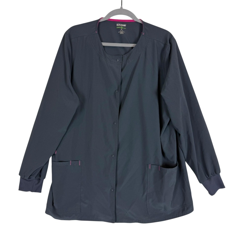 Scrubstar Jacket Womens XL Gray Snap Front Warm Up Scrub Coat Stretch Pockets